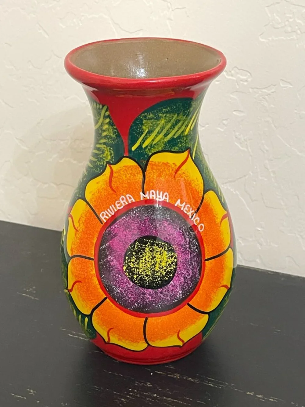 Riviera Maya Talavera Vase Red Flower Mexico Pottery